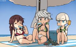 Rule 34 | 3girls, alternate costume, arm support, asymmetrical hair, beach, beach towel, bikini, blonde hair, blue eyes, blunt bangs, blush, braid, breasts, brown hair, camouflage, cleavage, closed eyes, cloud, commentary request, dated, day, deck, food, full body, hair between eyes, hamu koutarou, highres, jitome, kantai collection, large breasts, long braid, long hair, looking down, midriff, multicolored bikini, multicolored clothes, multiple girls, navel, noshiro (kancolle), ocean, one-hour drawing challenge, outdoors, popsicle, sand, shin&#039;you (kancolle), side ponytail, silver hair, single braid, sitting, staff, stomach, swept bangs, swimsuit, towel, twin braids, unryuu (kancolle), very long hair, wavy hair, x navel, yellow eyes