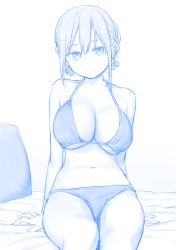 Rule 34 | 1girl, bare arms, bare shoulders, bikini, blue theme, breasts, closed mouth, getsuyoubi no tawawa, hair between eyes, hair ornament, head tilt, himura kiseki, large breasts, looking at viewer, monochrome, pillow, sidelocks, simple background, sitting, smile, solo, swimsuit, white background