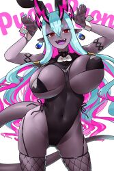 Rule 34 | 1girl, animal ears, aqua hair, bare shoulders, bikini, bikini under clothes, black bikini, black leotard, black thighhighs, blush, bouncing breasts, bow, bowtie, breasts, colored skin, covered navel, curvy, earrings, eyeliner, fake animal ears, fate/grand order, fate (series), fishnet thighhighs, fishnets, grey skin, hair between eyes, hands up, highleg, highleg leotard, highres, horns, ibuki douji (fate), jewelry, large breasts, leotard, long hair, looking at viewer, makeup, monkey jon, multicolored hair, oni, oni horns, open mouth, pink hair, playboy bunny, pointy ears, rabbit ears, rabbit pose, red eyes, sidelocks, smile, solo, striped, swimsuit, tail, thighhighs, unaligned breasts, vertical stripes, wide hips, wrist cuffs