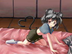 Rule 34 | 1girl, all fours, animal ears, bad id, bad pixiv id, bed, blush, female focus, grey hair, heart, heart tail, kneeling, midriff, mouse ears, mouse tail, navel, nazrin, red eyes, revision, ryogo, short hair, skirt, solo, tail, touhou