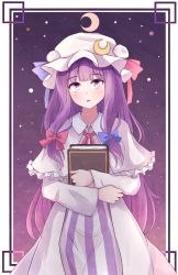 Rule 34 | 1girl, blue bow, book, bow, commentary, crescent, crescent hair ornament, hair bow, hair ornament, hat, hat ribbon, highres, holding, holding book, long hair, looking at viewer, mob cap, neck ribbon, parted lips, patchouli knowledge, purple eyes, purple hair, red bow, ribbon, shawl, solo, striped, touhou, yosshii (ne ko matter)