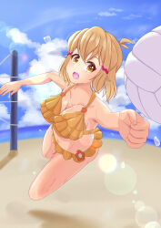 Rule 34 | 1girl, absurdres, beach, beach volleyball, bikini, blonde hair, blue sky, blurry, breasts, cleavage, clenched hand, cloud, collarbone, commentary request, depth of field, eyelashes, fisheye, flying sweatdrops, glint, hair ornament, highres, jumping, lens flare, medium breasts, open mouth, outstretched arms, sand, senki zesshou symphogear, shadow, short hair, sidelocks, sky, sweat, swimsuit, tachibana hibiki (symphogear), tsubame-w, volleyball net, yellow eyes
