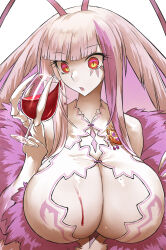 Rule 34 | 1girl, alcohol, antenna hair, arthropod girl, blunt bangs, breasts, cleavage, cleavage cutout, clothing cutout, cockroach girl, cup, dress, drinking glass, fur-trimmed dress, fur trim, haraya manawari, highres, holding, holding cup, large breasts, long hair, looking at viewer, matara kan, matara kan (1st costume), mole, mole on breast, monster girl, open mouth, pink hair, red eyes, sidelocks, sleeveless, sleeveless dress, solo, very long hair, virtual youtuber, vshojo, white dress, wine, wine glass