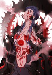 Rule 34 | 1boy, bare pectorals, blood, blood in mouth, blood on face, blue hair, bodypaint, chest tattoo, cu chulainn (fate), cu chulainn (fate) (all), cu chulainn (fate/stay night), cu chulainn alter (fate), cu chulainn alter (fate/grand order), curruid coinchenn, dark blue hair, fate/grand order, fate (series), hair strand, injury, lancer, long hair, male focus, namahamu (hmhm 81), pectorals, red eyes, smoke, solo, spikes, tattoo