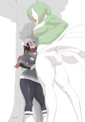 Rule 34 | 2girls, akari (pokemon), alpha pokemon, artist name, ass, black hair, blush, breasts, creatures (company), eye contact, game freak, gardevoir, gen 3 pokemon, height difference, highres, kabedon, large breasts, long hair, looking at another, monster girl, multiple girls, nintendo, partially colored, plasmid, pokemon, pokemon legends: arceus, red eyes, scarf, smile, thick thighs, thighs, tree, yuri