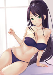 Rule 34 | 1girl, arm support, bandeau, black hair, breasts, cleavage, green eyes, large breasts, leaning to the side, long hair, looking at viewer, n.g., original, ponytail, sitting, smile, solo