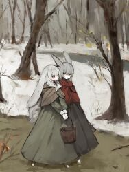 Rule 34 | 2girls, absurdres, animal ears, animal feet, bare tree, black dress, blush, brown capelet, brown eyes, bucket, capelet, closed mouth, commentary, day, dot nose, dress, floppy ears, forest, green dress, grey hair, highres, holding, holding bucket, large ears, long hair, long sleeves, looking at another, multiple girls, nature, nose blush, original, outdoors, puffy long sleeves, puffy sleeves, rabbit ears, red capelet, river, shirokujira, snow, symbol-only commentary, tree, v arms, walking, wooden bucket