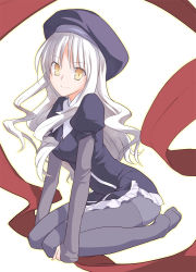 Rule 34 | 00s, 1girl, caren hortensia, dorago, fate/hollow ataraxia, fate/stay night, fate (series), female focus, full body, hat, kneeling, layered sleeves, long hair, pantyhose, sitting, smile, solo, thighhighs, white hair, yellow eyes