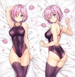 Rule 34 | 1girl, alternate costume, arm behind head, ass, bare shoulders, bed sheet, black thighhighs, blush, breasts, closed mouth, collarbone, commentary request, competition swimsuit, covered erect nipples, covered navel, cowboy shot, dakimakura (medium), fate (series), flower, from above, gluteal fold, groin, hair over one eye, highleg, highleg swimsuit, koyuki (kotatsu358), large breasts, light purple hair, looking at viewer, lotus, lying, mash kyrielight, multiple views, on back, on stomach, one-piece swimsuit, petals, purple eyes, short hair, skindentation, swimsuit, thigh gap, thighhighs, wet