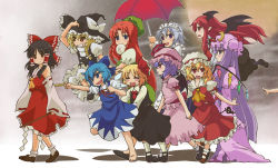 Rule 34 | 6+girls, akuto, ascot, barefoot, bat wings, black dress, black hair, blonde hair, blue dress, blue eyes, blue hair, blush stickers, bow, braid, broom, broom riding, brown eyes, capelet, cirno, closed eyes, coat, daiyousei, detached sleeves, dress, eating, embodiment of scarlet devil, flandre scarlet, flying, food, gohei, grin, hair bow, hair ribbon, hair tubes, hakurei reimu, hand on headwear, hat, hat bow, head wings, hong meiling, ice, ice wings, izayoi sakuya, kirisame marisa, koakuma, laevatein, long hair, long sleeves, maid, maid headdress, mob cap, multiple girls, open clothes, open coat, open mouth, parasol, patchouli knowledge, puffy sleeves, purple dress, purple eyes, purple hair, red eyes, red hair, remilia scarlet, ribbon, rumia, shirt, short hair, short sleeves, siblings, side ponytail, silver hair, single braid, sisters, skirt, skirt set, smile, star (symbol), striped clothes, striped dress, touhou, twin braids, umbrella, very long hair, walking, wings, witch, witch hat