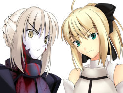 Rule 34 | 2girls, ahoge, armor, artoria pendragon (all), artoria pendragon (fate), blonde hair, capcom, dual persona, fate/stay night, fate/unlimited codes, fate (series), green eyes, multiple girls, ponytail, ribbon, saber (fate), saber alter, saber lily, serious, shoori (migiha), smile, yellow eyes