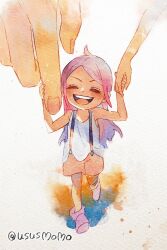 Rule 34 | 1girl, ^ ^, bartholomew kuma, blush, child, closed eyes, giant, giant hand, ginny (one piece), highres, holding another&#039;s finger, jewelry bonney, long hair, loose clothes, mother and daughter, one piece, open mouth, out of frame, painting (medium), parent and child, pink hair, shorts, smile, suspender shorts, suspenders, tank top, traditional media, ususmomo, walking, watercolor (medium), white tank top