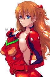 Rule 34 | 1girl, blue eyes, bodysuit, breasts, closed mouth, commentary request, highres, interface headset, large breasts, long hair, looking at viewer, multicolored bodysuit, multicolored clothes, n0lilica, neon genesis evangelion, orange hair, pilot suit, plugsuit, red bodysuit, sideboob, solo, souryuu asuka langley, twitter username, undressing