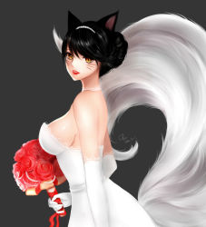 Rule 34 | 10s, 1girl, 2016, ahri (league of legends), animal ears, bare shoulders, black hair, bouquet, breasts, chu (huaha1320), dated, dress, elbow gloves, facial mark, flower, fox ears, fox tail, gloves, grey background, holding, holding bouquet, lace, lace-trimmed dress, lace-trimmed gloves, lace trim, large breasts, league of legends, lips, looking at viewer, looking to the side, multiple tails, parted lips, red rose, riot games, rose, sideboob, signature, simple background, sleeveless, sleeveless dress, slit pupils, smile, solo, tail, upper body, wedding dress, whisker markings, white dress, white gloves, yellow eyes