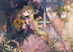 Rule 34 | 1girl, absurdres, black bow, black dress, black hat, blonde hair, bow, brick wall, broom, bug, butterfly, closed mouth, day, dress, flower, hair bow, hair ribbon, hat, heart, highres, holding, holding flower, huge filesize, insect, light smile, long hair, long sleeves, looking at viewer, maccha (mochancc), original, outdoors, pink flower, pink rose, puffy sleeves, ribbon, rose, solo, sunflower, tress ribbon, upper body, very long hair, window, witch, witch hat, yellow eyes, yellow flower