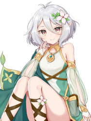 Rule 34 | 1girl, absurdres, bare shoulders, closed mouth, commentary, detached sleeves, flower, green sleeves, hair between eyes, hair flower, hair ornament, highres, kokkoro (princess connect!), pointy ears, princess connect!, red eyes, see-through, see-through sleeves, short hair, silver hair, simple background, sitting, smile, solo, split mouth, swon (joy200892), white background