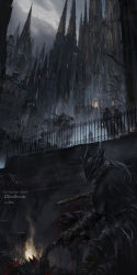 Rule 34 | architecture, axe, bare tree, blood, blood splatter, bloodborne, church, cloud, copyright name, dark, fence, from below, gloves, gothic architecture, gun, hat, highres, holding hands, hunter (bloodborne), lamppost, long hair, musket, night, on one knee, scenery, signature, silhouette, silver hair, sky, stu dts, tree, tricorne, weapon