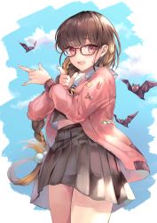 Rule 34 | 1girl, absurdres, bat (animal), blue sky, blush, breasts, brown hair, contemporary, fate/grand order, fate (series), glasses, gradient hair, grey skirt, hane yuki, highres, jacket, large breasts, long hair, long sleeves, looking at viewer, multicolored hair, open clothes, open jacket, open mouth, osakabehime (fate), pink jacket, purple eyes, skirt, sky, smile, solo, thighs, very long hair