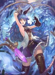 Rule 34 | 1girl, :o, animal ears, arm up, armor, armpits, backless dress, backless outfit, bare shoulders, belt, black gloves, black thighhighs, blue hair, breastplate, breasts, brown eyes, chain, commentary request, dress, ear piercing, elbow gloves, erune, ferry (granblue fantasy), frilled dress, frilled gloves, frills, gloves, granblue fantasy, hair between eyes, highres, jewelry, long hair, looking at viewer, loose belt, open mouth, piercing, rabbit ears, skirt, sleeveless, sleeveless dress, small breasts, solo, thighhighs, very long hair, wasabi60, wavy hair, weapon, whip, white dress