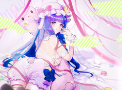 Rule 34 | 1girl, absurdres, animal ears, ass, back, black thighhighs, bloomers, blue bow, blunt bangs, blush, bow, breasts, bright pupils, closed mouth, crescent, crescent hat ornament, daisy, eyebrows hidden by hair, flower, foot out of frame, hand up, hat, hat ornament, highres, indoors, insomnia (lnsomnia0510), long hair, looking at viewer, looking back, lying, medium breasts, mob cap, on stomach, patchouli knowledge, pink bow, pink hat, purple eyes, purple hair, rabbit tail, smile, solo, tail, thighhighs, touhou, underwear, very long hair, white flower, wrist cuffs