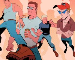Rule 34 | 4boys, baseball cap, beer can, bill dauterive, black eyes, black shirt, blonde hair, blue-framed eyewear, blue pants, boomhauer, brown footwear, brown hair, brown shirt, can, clenched hands, closed mouth, collared shirt, crossed arms, dale gribble, drink can, glasses, hank hill, hat, holding, holding can, king of the hill, male focus, marsoid, mixed-language commentary, multiple boys, pants, pectoral cleavage, pectorals, red headwear, shirt, short hair, short sleeves, sleeveless, sleeveless shirt, sunglasses, white shirt, yellow background
