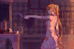 Rule 34 | 1girl, apron, blonde hair, breasts, burner, closed mouth, elbow gloves, faucet, fish, forte, frilled apron, frills, from side, gloves, hair ornament, hair scrunchie, highres, holding, holding knife, kitchen, kitchen knife, knife, long hair, naked apron, original, outstretched arm, ponytail, profile, ribs, scrunchie, sideboob, smile, solo, spatula, standing, very long hair, white gloves, wok