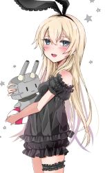 Rule 34 | 1girl, 1other, alternate costume, black dress, blonde hair, carrying, casual, chigasaki yukari, commentary request, cowboy shot, dress, frilled dress, frills, grey eyes, highres, hug, kantai collection, bridal garter, long hair, looking at viewer, open mouth, rensouhou-chan, shimakaze (kancolle), simple background, smile, standing, white background