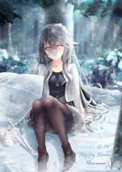 Rule 34 | 1girl, absurdres, anchor necklace, birthday, black footwear, black pantyhose, black shirt, boots, breasts, character name, closed eyes, dated, english text, forest, grey hair, grey jacket, grey skirt, hair between eyes, hair ornament, hairband, hairclip, happy birthday, haruna (kancolle), hiei (kancolle), highres, jacket, jewelry, kantai collection, kirishima (kancolle), kongou (kancolle), long hair, long sleeves, medium breasts, nature, necklace, official alternate costume, pantyhose, shirt, sitting, skirt, smile, snow, snowman, solo, transparent, transparent umbrella, tree, umbrella, very long hair, white hairband, zangetsu yuki yuki