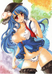 Rule 34 | 1girl, absurdres, black thighhighs, blue hair, breasts, female focus, food, frilled thighhighs, frills, fruit, hat, highres, hinanawi tenshi, large breasts, long hair, marker (medium), no bra, open clothes, open shirt, panties, peach, red eyes, shirt, solo, thighhighs, touhou, traditional media, underwear, white panties, yurun