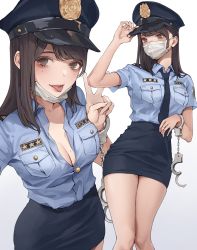 Rule 34 | 1girl, :p, absurdres, bare legs, blue shirt, breasts, brown hair, cleavage, cuffs, handcuffs, hat, highres, koh (minagi kou), looking at viewer, mask, medium breasts, medium hair, mole, mole on breast, mole under eye, mouth mask, multiple views, necktie, open collar, original, peaked cap, pencil skirt, police, police uniform, policewoman, shirt, shirt tucked in, simple background, skirt, straight hair, tongue, tongue out, uniform, v, white background