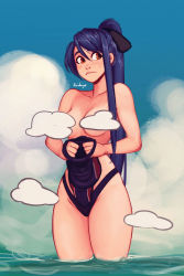 Rule 34 | 1girl, absurdres, artist name, black ribbon, blue hair, blue one-piece swimsuit, blue sky, blush, breasts, censored, closed mouth, cloud, cloudy sky, collarbone, commentary, cowboy shot, eiyuu densetsu, english commentary, falcom, groin, hair between eyes, hair ribbon, highleg, highleg swimsuit, highres, holding, holding clothes, holding swimsuit, laura s. arseid, lips, long hair, medium breasts, one-piece swimsuit, ponytail, raichiyo33, red eyes, ribbon, sen no kiseki, signature, sky, solo, swimsuit, unworn swimsuit, thighs, topless, wading, water