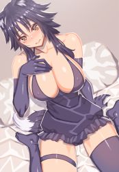 Rule 34 | 1girl, animal ear fluff, animal ears, blush, breasts, cleavage, collarbone, covered erect nipples, elbow gloves, embarrassed, gloves, highres, kusakabe eria, large breasts, looking at viewer, looking up, makoto (princess connect!), princess connect!, purple hair, short hair, sitting, solo, tail, thighhighs, wolf ears, wolf girl, wolf tail, yellow eyes