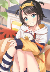 Rule 34 | 1girl, blue eyes, brown hair, highres, hololive, jacket, koto (colorcube), looking at viewer, multicolored clothes, multicolored jacket, nail polish, official alternate costume, oozora subaru, oozora subaru (loungewear), short hair, smile, socks, striped clothes, striped socks, subaru duck, two-tone jacket, two side up, virtual youtuber, white jacket, yellow jacket, yellow nails