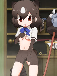 Rule 34 | 10s, 1girl, animal ears, basket, bear ears, paw stick, bear tail, bike shorts, bow, bowtie, breasts, brown bear (kemono friends), brown eyes, brown gloves, brown hair, chestnut mouth, clothes lift, unworn clothes, commentary request, cowboy shot, elbow gloves, fingerless gloves, gloves, hair between eyes, highres, indoors, kemono friends, lifting own clothes, looking at viewer, medium breasts, multicolored hair, navel, open mouth, sat-c, shelf, shirt lift, short hair, skirt, skirt around one leg, solo, staff, standing, standing on one leg, tail, underboob, undressing, white hair