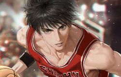 1boy armband ball bare_shoulders basketball basketball_(object) basketball_jersey black_armband black_hair blurry blurry_background collarbone commentary diaodiao flying_sweatdrops grey_eyes hashtag-only_commentary highres holding holding_ball looking_at_viewer male_focus parted_lips romaji_text rukawa_kaede short_hair slam_dunk_(series) solo sportswear sweatdrop toned toned_male upper_body