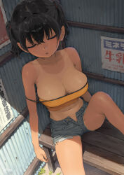 Rule 34 | 1girl, bare shoulders, bench, black hair, breasts, camisole, cleavage, closed eyes, collarbone, commentary request, crop top, denim, denim shorts, feet out of frame, gaki kyonyuu, grey shorts, hair between eyes, hair tie, highres, kaedeko (kaedelic), knee up, large breasts, midriff, navel, one-piece tan, open fly, oppai loli, sasaki kanna (kaedeko), shirt, short hair, short shorts, shorts, sitting, sleeping, solo, strap slip, tan, tank top, tanline, thighs, twintails, unbuttoned, wooden bench, yellow camisole, yellow shirt