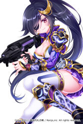 Rule 34 | 1girl, armor, armored boots, black armor, black footwear, black hair, blue gemstone, boots, breasts, chain, cleavage, closed mouth, company name, copyright name, corset, crescent, crescent hair ornament, cropped jacket, detached sleeves, eyepatch, faulds, finger on trigger, fingernails, flipped hair, floating hair, floral print, gem, glowing, glowing armor, gun, hair ornament, high collar, high ponytail, holding, holding gun, holding weapon, jacket, knee boots, leg up, long hair, looking at viewer, medium breasts, mitsuba choco, official art, pink eyes, pleated skirt, ponytail, print skirt, purple jacket, purple skirt, sengoku hanafuda kassen, shiny skin, shoulder armor, simple background, skindentation, skirt, smirk, solo, swept bangs, thighhighs, vambraces, very long hair, weapon, white background, white thighhighs