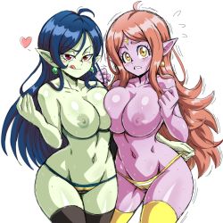 Rule 34 | 2girls, ahoge, black legwear, blue hair, blush, breast press, breasts, cameltoe, chronoa, cleft of venus, colored nipples, colored skin, commission, commissioner upload, dragon ball, dragon ball heroes, earrings, green nipples, green skin, highres, jewelry, large breasts, lewdamone, light brown hair, looking at viewer, multiple girls, nipples, panties, pointy ears, red eyes, robelu, simple background, standing, striped clothes, striped panties, supreme kai of time, symmetrical docking, thighs, underwear, white background