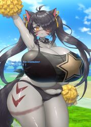 Rule 34 | 1girl, animal ears, antenna hair, arm up, armpits, belly, black bra, black hair, black panties, blush, bra, breasts, bursting breasts, cheerleader, cleavage, cloud, cloudy sky, collar, colored skin, commission, crop top, english text, facial mark, fox ears, fox girl, fox girl (suxihn), fox tail, gigantic breasts, grey skin, highres, hip tattoo, long hair, mixed-language text, original, panties, plump, pom pom (cheerleading), saitou touko, see-through, shortstack, skeb commission, skindentation, sky, solo, spiked collar, spikes, strapless, tail, tube top, twintails, underboob, underwear, very long hair, wide hips, yellow eyes