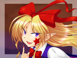 Rule 34 | &gt;:), &gt;:d, 1girl, :d, blonde hair, bow, eitaisa, elis (touhou), facepaint, female focus, framed, hair bow, highly responsive to prayers, long hair, nail polish, open mouth, outside border, pointy ears, portrait, purple eyes, slit pupils, smile, solo, touhou, touhou (pc-98), v-shaped eyebrows