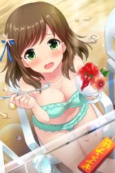 Rule 34 | 1girl, absurdres, alternative girls, beach, blush, breasts, brown hair, chair, chili pepper, cleavage, dessert, food, green eyes, hair ornament, highres, hirose koharu, ice cream, looking at viewer, medium breasts, navel, official art, open mouth, seashell, shell, sitting, solo, spoon, tears, water