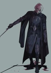 Rule 34 | 1boy, absurdres, aqua eyes, arm at side, armor, black cloak, black coat, black footwear, black gloves, black pants, bleeding, blood, blood from mouth, blood on face, blood on ground, boots, byleth (fire emblem), byleth (male) (fire emblem), cloak, coat, faulds, fire emblem, fire emblem: three houses, full body, gloves, grey hair, hair over one eye, highres, holding, holding sword, holding weapon, injury, knee boots, looking at viewer, male focus, nintendo, one eye covered, outstretched arm, pants, sash, shadow, short hair, solo, standing, sword, urup zzz, vambraces, weapon