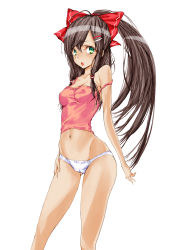 Rule 34 | 1girl, bad id, bad pixiv id, bow, breasts, brown hair, cameltoe, camisole, covered erect nipples, female focus, green eyes, hair bow, hair ornament, hairpin, hakurei reimu, harino646, long hair, off shoulder, open mouth, panties, ponytail, small breasts, solo, strap slip, touhou, undershirt, underwear, underwear only, white panties