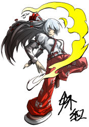 Rule 34 | 1girl, action, belt, bow, female focus, fire, fujiwara no mokou, gaoo (frpjx283), hair bow, simple background, solo, standing, suspenders, touhou, white background