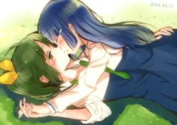 Rule 34 | 10s, 2girls, aoki reika, bad id, bad pixiv id, blue hair, blush, closed eyes, couple, girl on top, grass, green hair, hagino makoto, hand on own ass, holding hands, interlocked fingers, kiss, lying, lying on person, midorikawa nao, multiple girls, on back, on ground, ponytail, precure, school uniform, sleeves rolled up, smile precure!, yuri