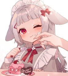 Rule 34 | 2girls, animal ears, apron, blush, cake, dress, eating, feet out of frame, food, food on face, fork, frilled apron, frills, goshi-san, grey dress, hair ornament, hairclip, heart, highres, holding, holding fork, long hair, lop rabbit ears, maid, maid headdress, multiple girls, neck ribbon, one eye closed, original, rabbit ears, red eyes, red ribbon, ribbon, solo focus, white apron, white background