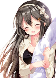 Rule 34 | 10s, 1girl, ^ ^, admiral (kancolle), arm hug, black hair, black shirt, blush, bow, closed eyes, collarbone, couple, facing viewer, hair ornament, hairband, hairclip, haruna (kancolle), hetero, jacket, jewelry, kantai collection, long hair, necklace, nogi takayoshi, open clothes, open jacket, open mouth, out of frame, shirt, simple background, smile, solo focus, tareme, very long hair, white background, white bow, white hairband, white jacket