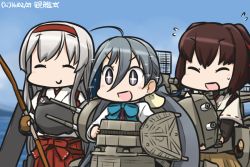 Rule 34 | + +, 3girls, :d, ahoge, blue sky, blush, bow, bow (weapon), bowtie, commentary request, dated, day, closed eyes, flying sweatdrops, grey hair, hair between eyes, hairband, hamu koutarou, ise (kancolle), japanese clothes, kantai collection, kiyoshimo (kancolle), long hair, low twintails, multiple girls, muneate, ocean, open mouth, ribbon-trimmed sleeves, ribbon trim, shoukaku (kancolle), sky, smile, sparkling eyes, sweat, sword, twintails, undershirt, weapon, white hair