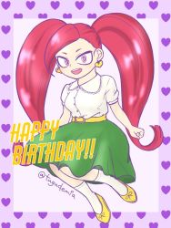 Rule 34 | 1girl, artist name, belt, blouse, boku no hero academia, breasts, casual, clenched hands, collared shirt, earrings, english text, eyelashes, female focus, fingernails, full body, green skirt, happy, happy birthday, heart, heart background, heart earrings, jewelry, jumping, knees up, la brava, legs, long hair, long twintails, looking at viewer, matching hair/eyes, medium breasts, neck, open mouth, pink eyes, pink hair, shirt, short sleeves, side bangs, skirt, smile, socks, tugudemia, twintails, very long hair, white shirt, yellow belt, yellow footwear