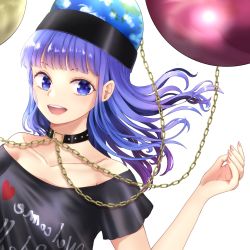 Rule 34 | 1girl, :d, bare shoulders, black shirt, blouse, blue eyes, blue hair, breasts, chain, cleavage, clothes writing, collar, collarbone, earth (ornament), hecatia lapislazuli, hecatia lapislazuli (earth), highres, kyabekko, long hair, looking at viewer, moon (ornament), off-shoulder shirt, off shoulder, open mouth, shirt, short sleeves, smile, solo, t-shirt, touhou